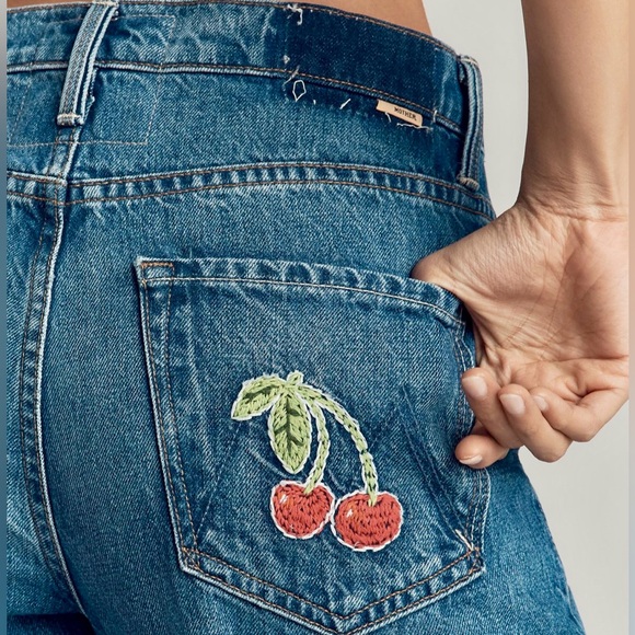 MOTHER Denim - MOTHER Blue Straight Leg Jeans with Cherry Embroidery